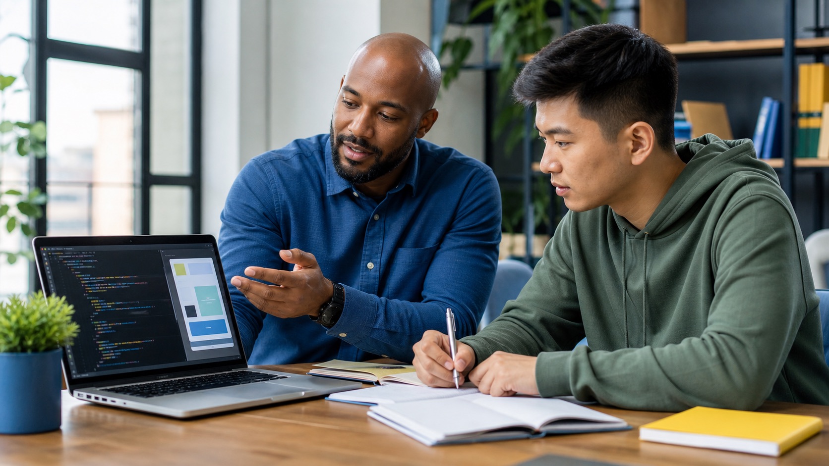 Aluno aprendendo desenvolvimento de software com um mentor
