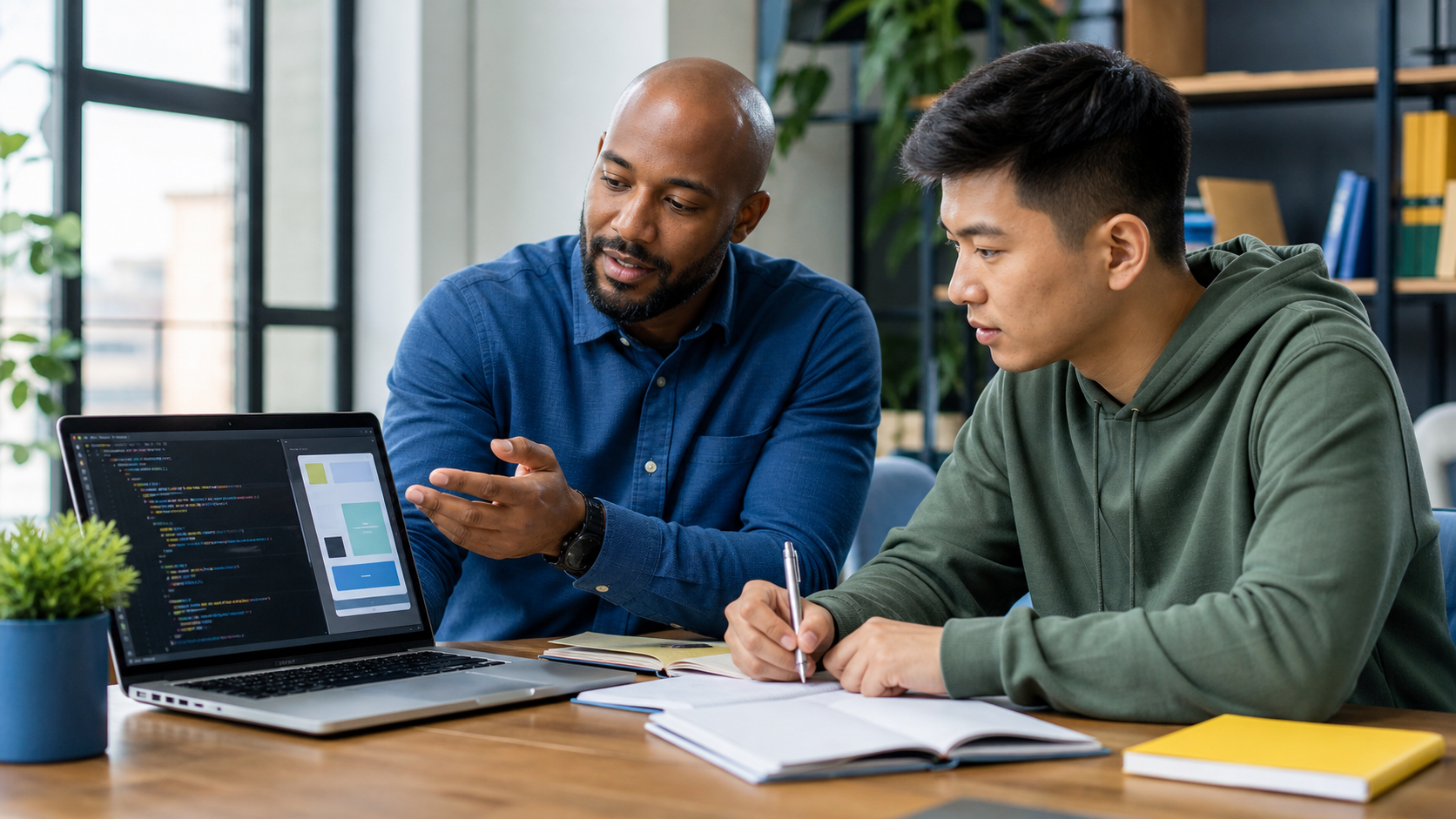 Aluno aprendendo desenvolvimento de software com um mentor