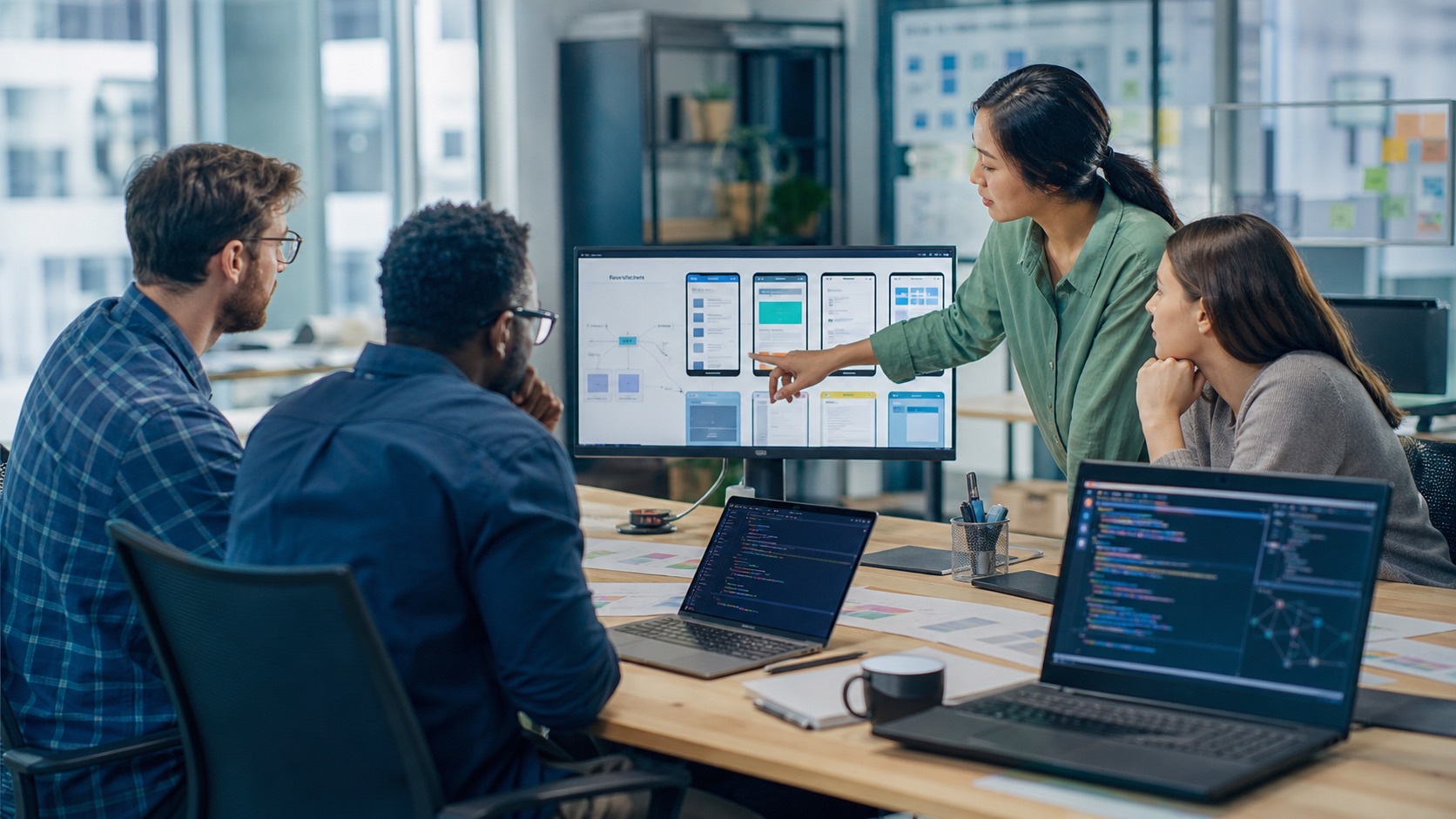 Equipe colaborando no desenvolvimento e teste de um software