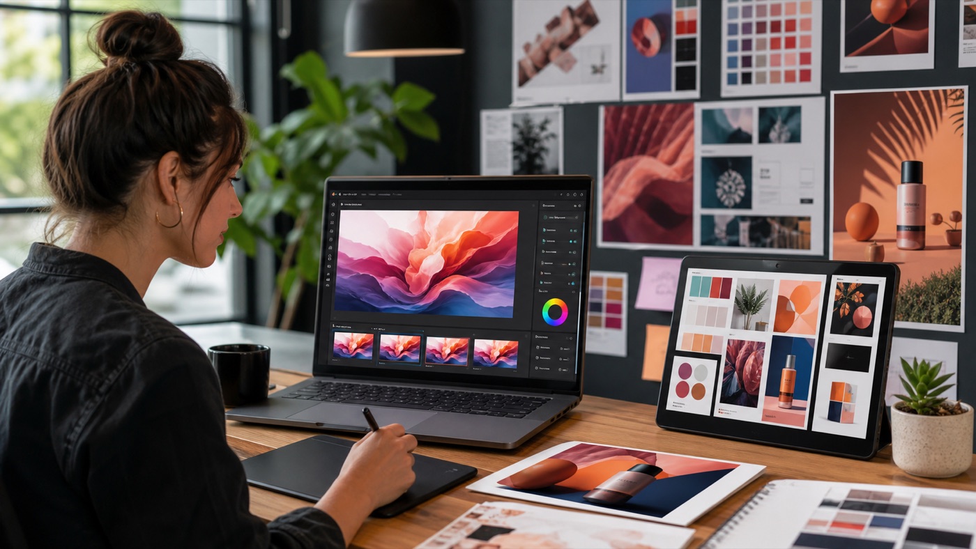 Designer criando peças criativas com inteligência artificial inspirado no Adobe Firefly