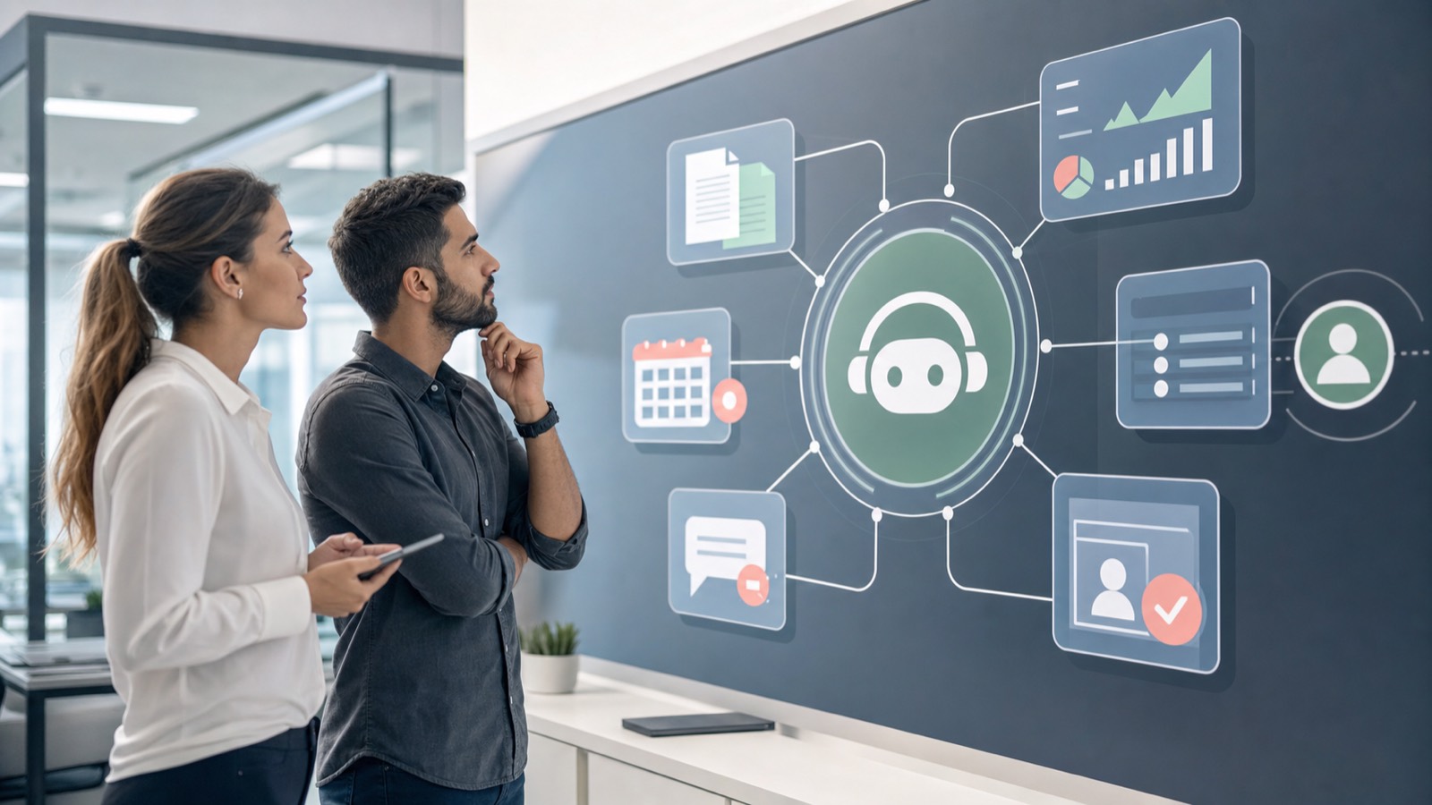 Equipe acompanhando um sistema de agentes de inteligência artificial