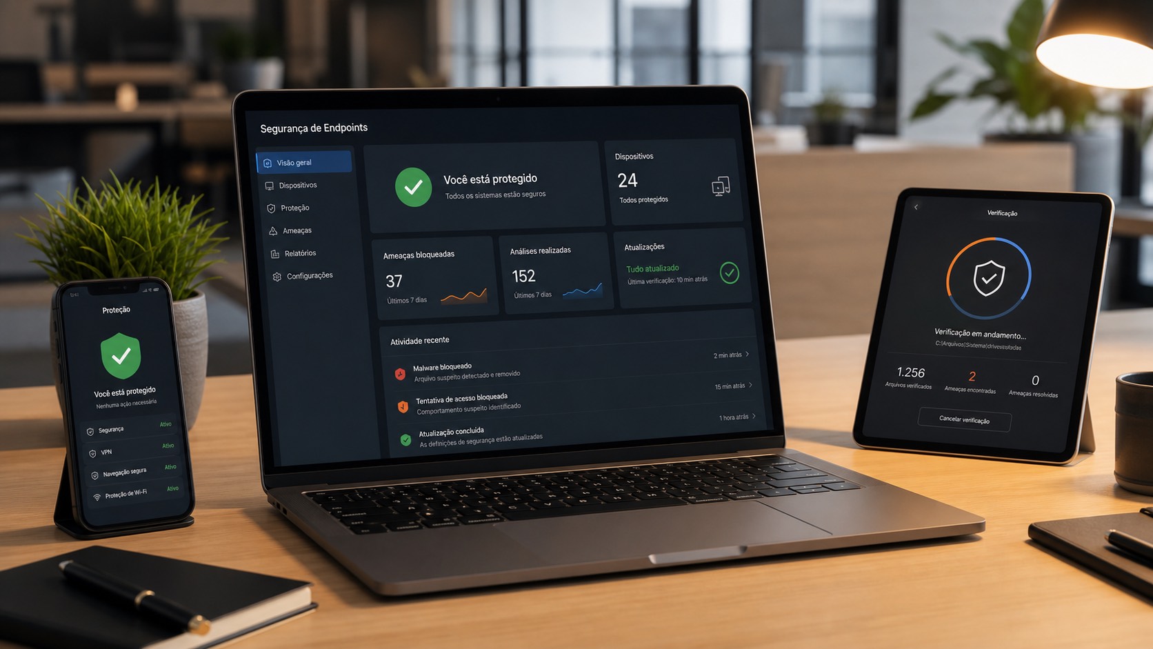 Painel de antivírus empresarial protegendo notebooks, celulares e tablets