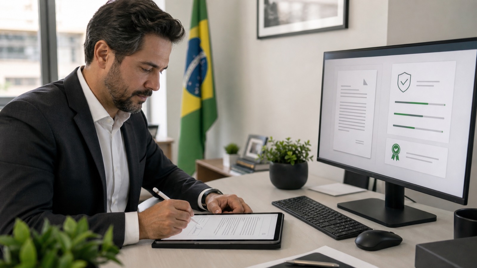 Profissional assinando eletronicamente um contrato em ambiente seguro