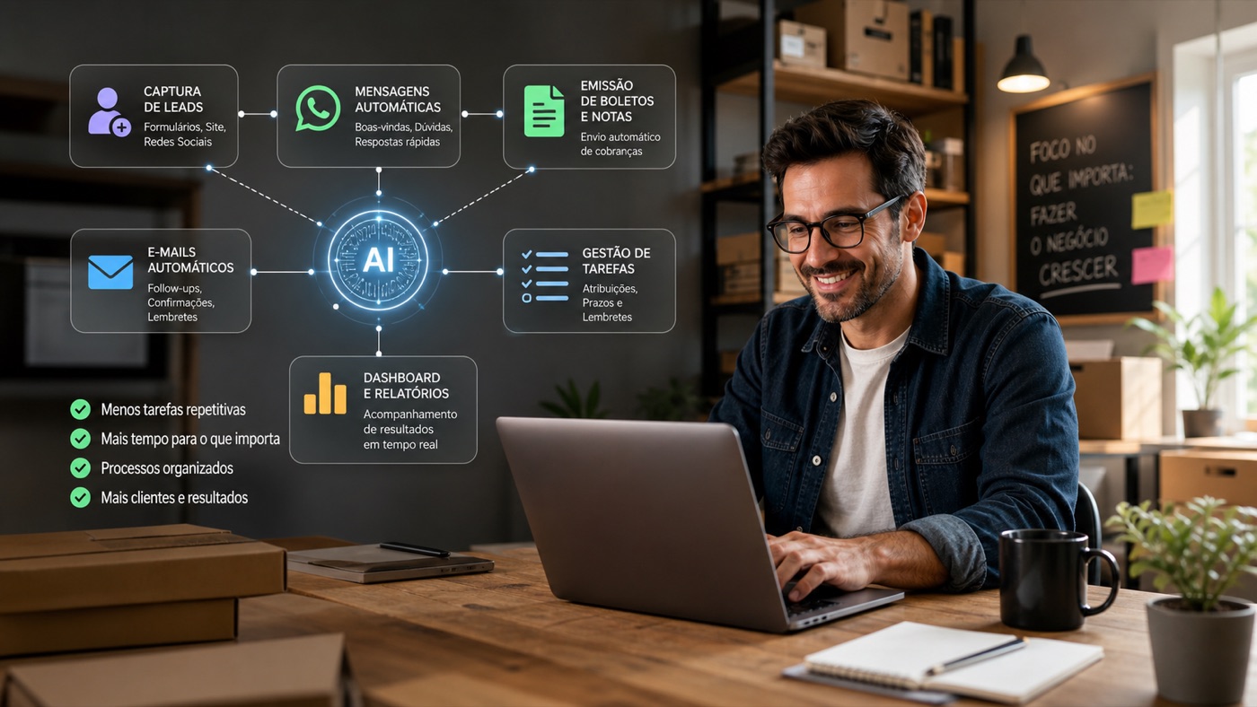 Empreendedor usando automação com IA para leads, mensagens, cobranças, tarefas e relatórios