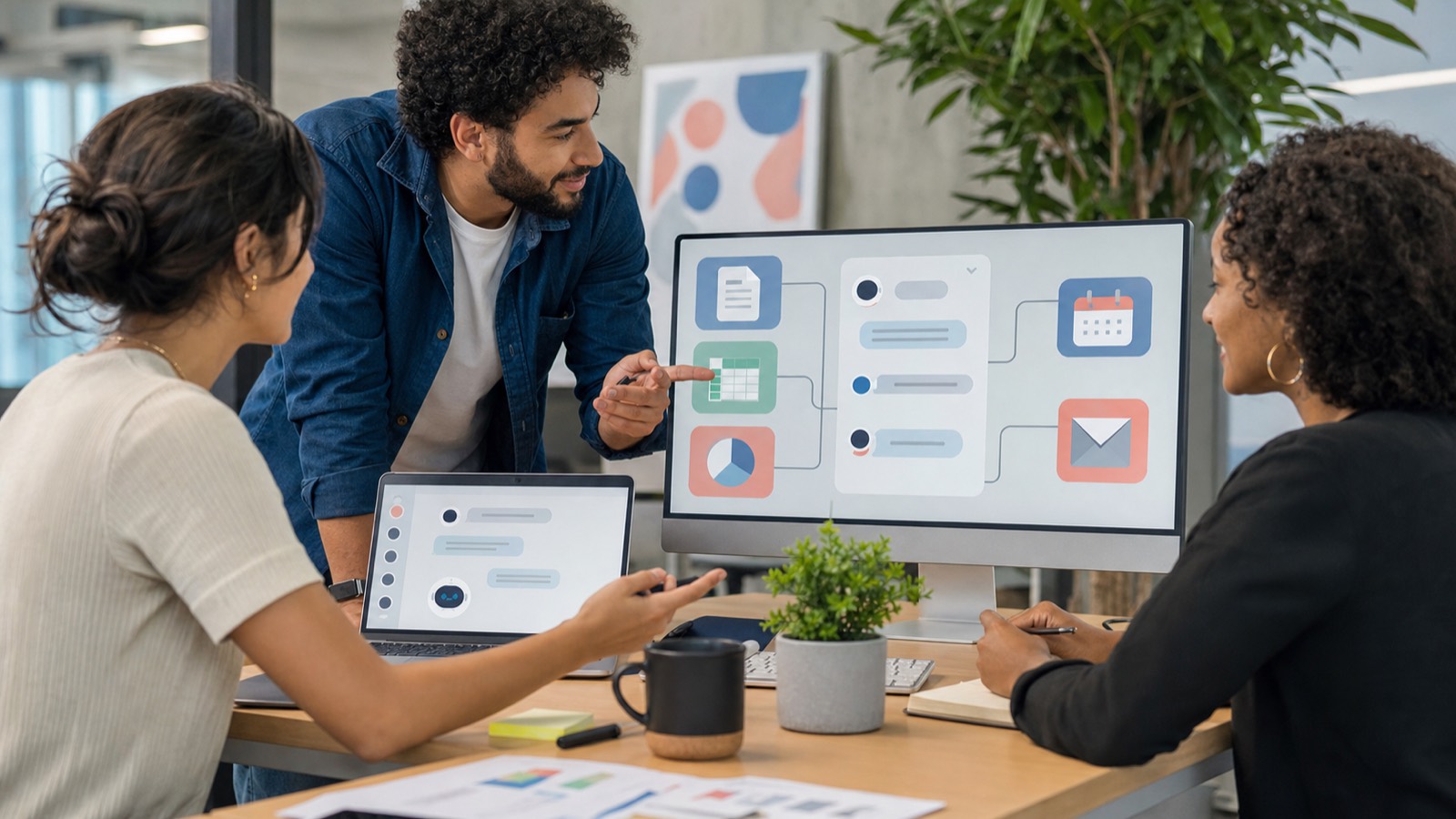 Equipe usando inteligência artificial para organizar tarefas empresariais