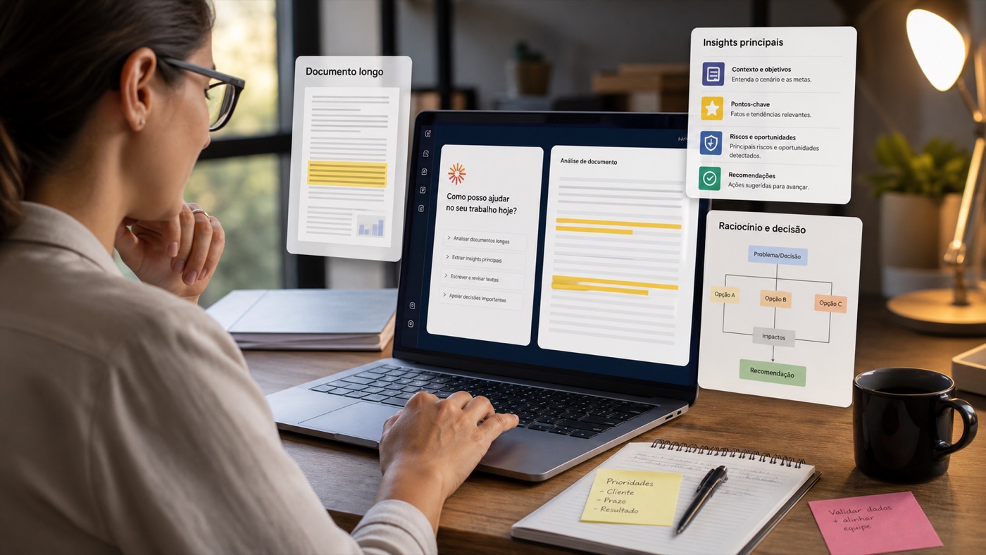 Profissional analisando documentos longos com ajuda de uma interface de IA inspirada no Claude AI
