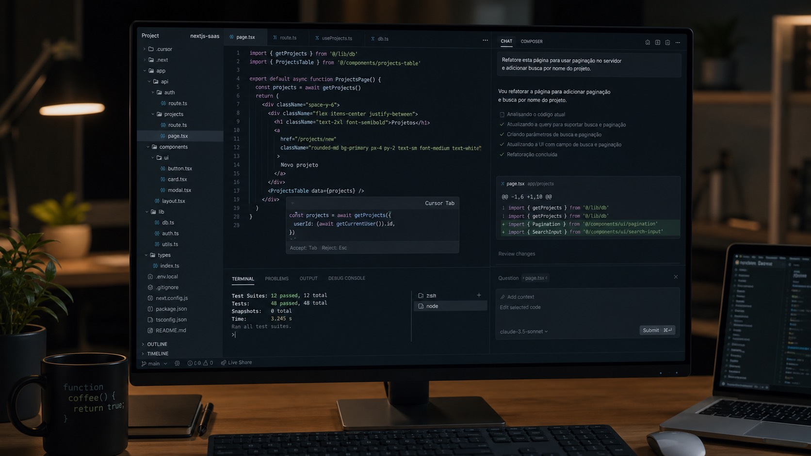 Editor de código com sugestões de IA inspirado no uso do Cursor AI