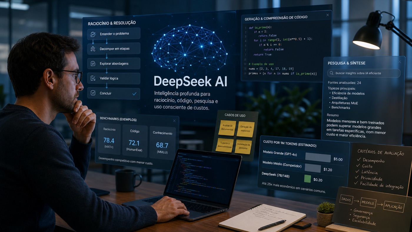 Profissional avaliando raciocínio, código e custo de uso de IA inspirado no DeepSeek
