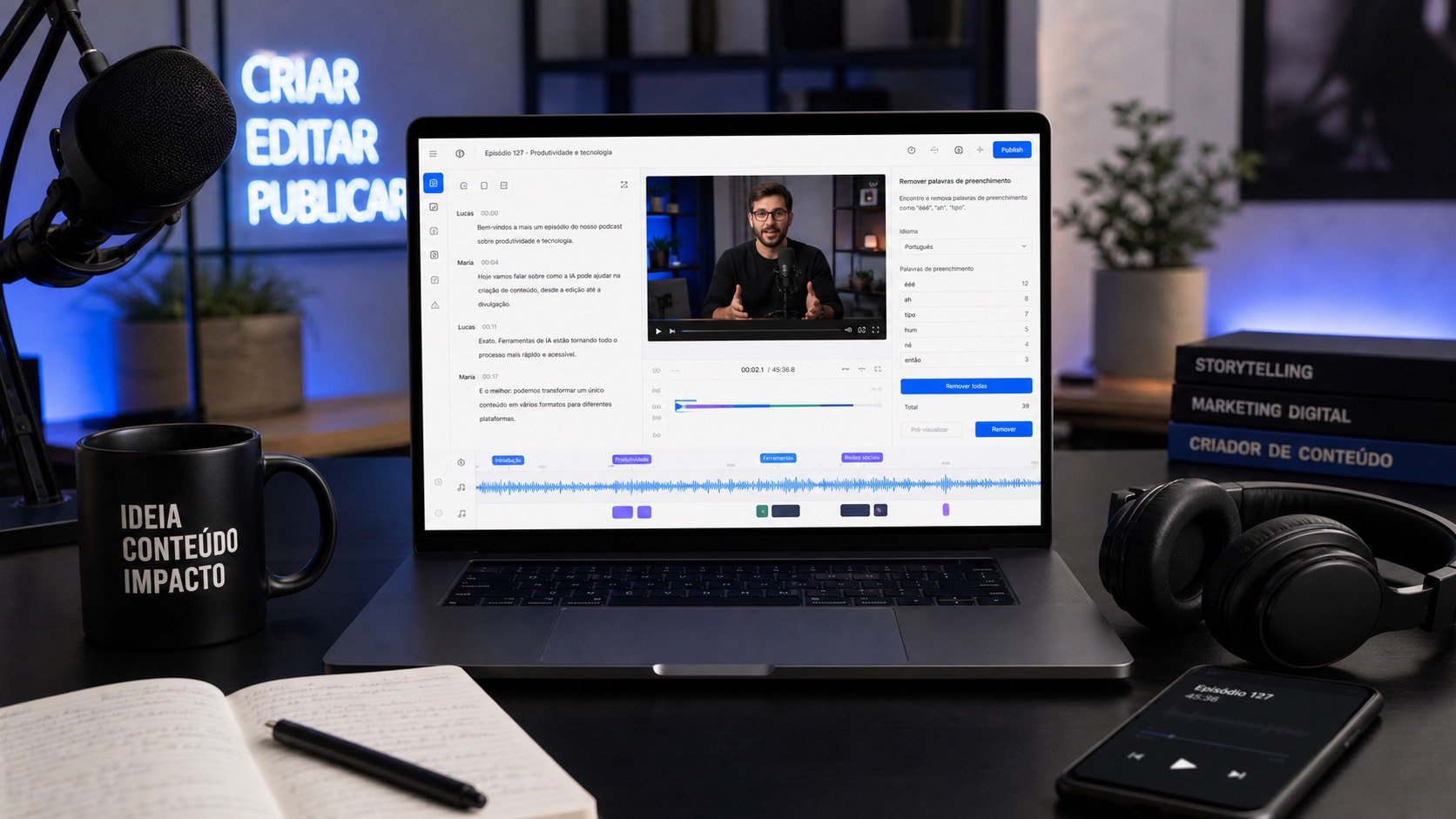 Editor de vídeo e podcast por transcrição inspirado no uso do Descript