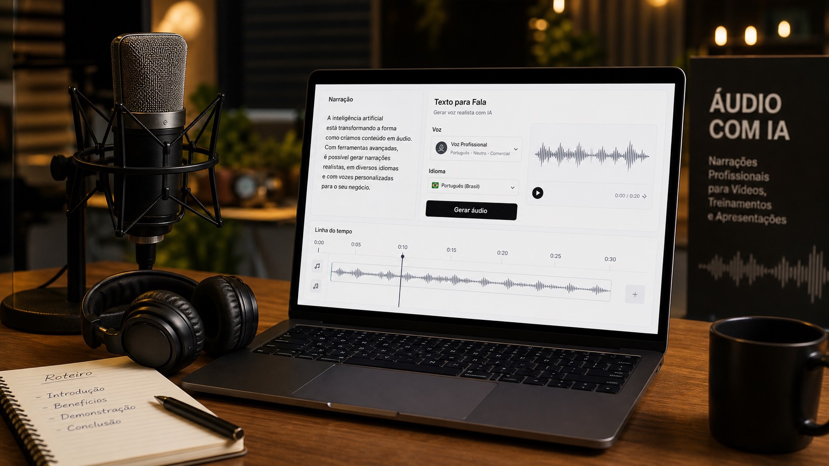 Estúdio de áudio com interface de texto para fala inspirada no ElevenLabs
