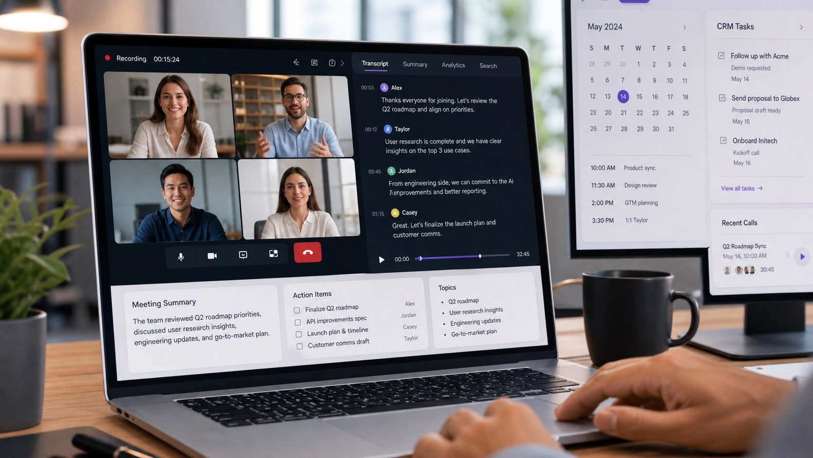 Tela de reunião online com transcrição e resumo gerado por IA no estilo Fireflies.ai
