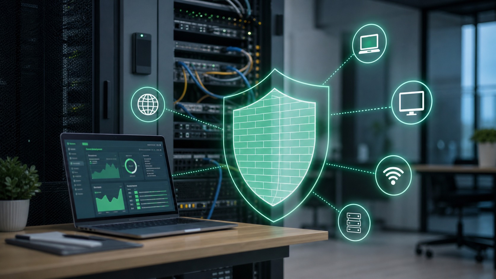 Firewall protegendo rede corporativa com dispositivos conectados e painel de segurança