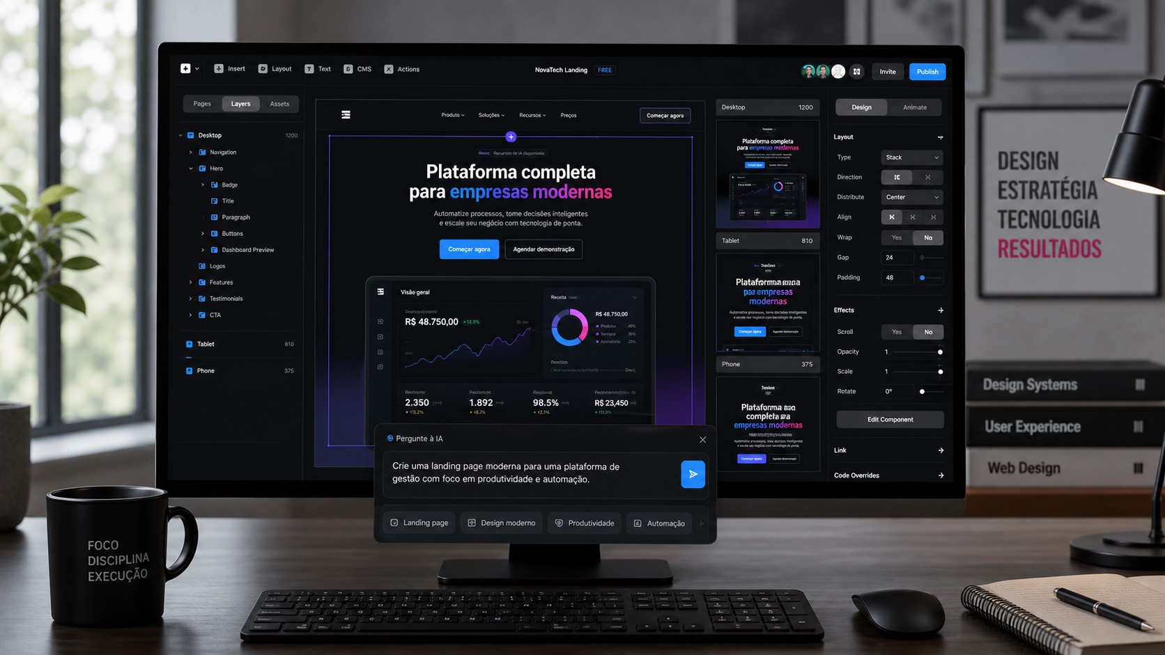 Editor visual de site com IA inspirado no uso do Framer AI para landing pages