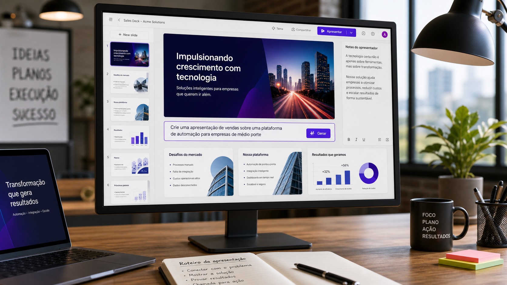 Editor de apresentações com IA inspirado no uso do Gamma.app para negócios