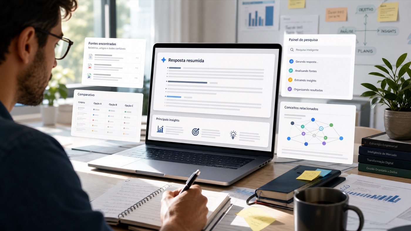 Analista pesquisando fontes e criando página de resposta com IA inspirada no Genspark AI
