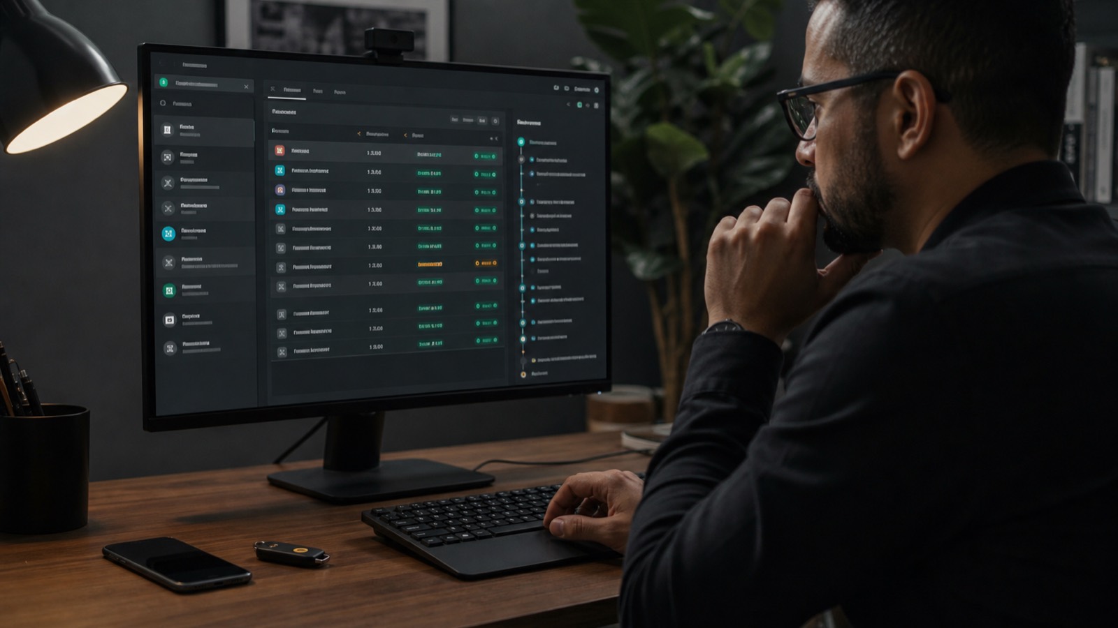 Profissional administrando acessos protegidos em um cofre digital de senhas