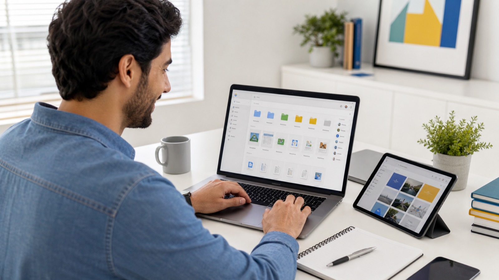 Profissional organizando arquivos digitais em armazenamento na nuvem