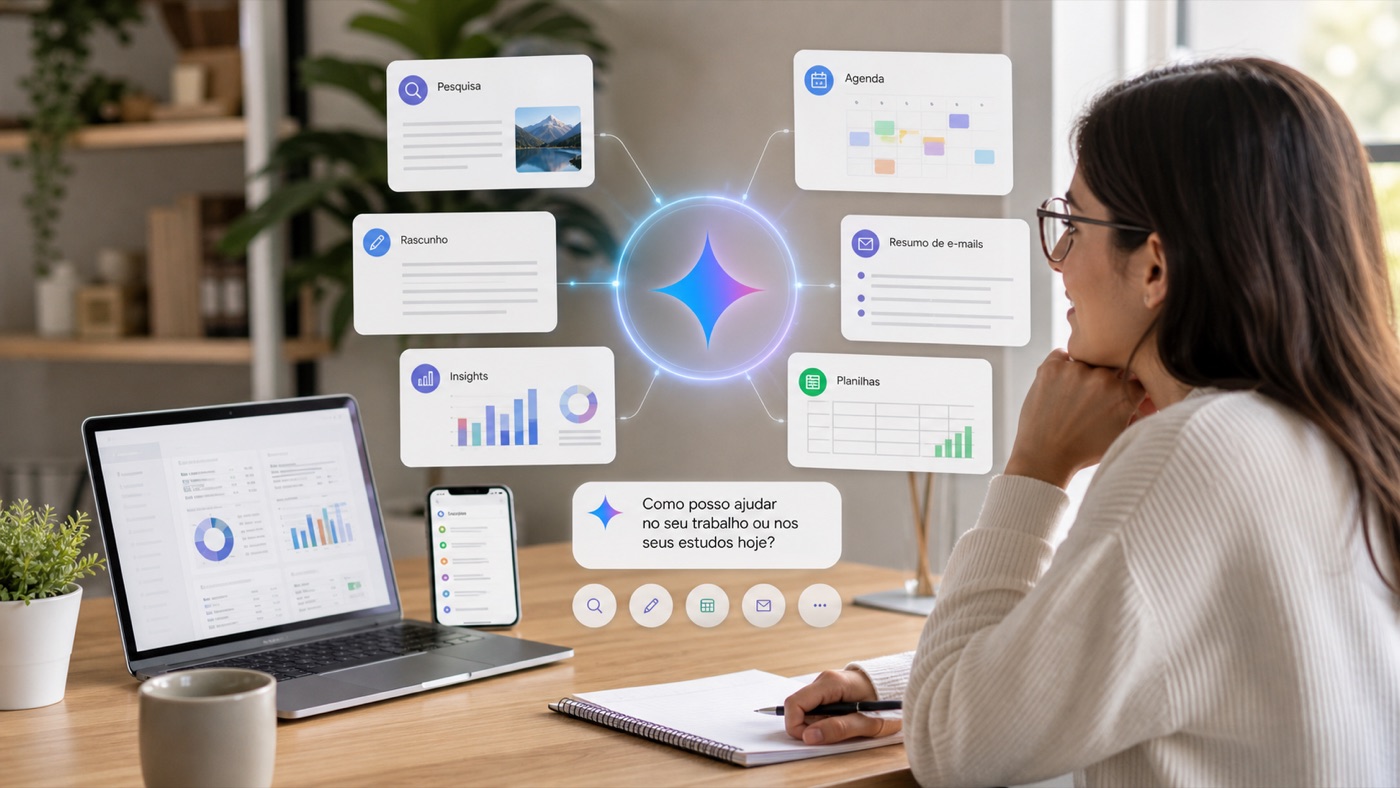 Profissional usando assistente de IA para pesquisa, agenda, e-mails e planilhas inspirado no Google Gemini