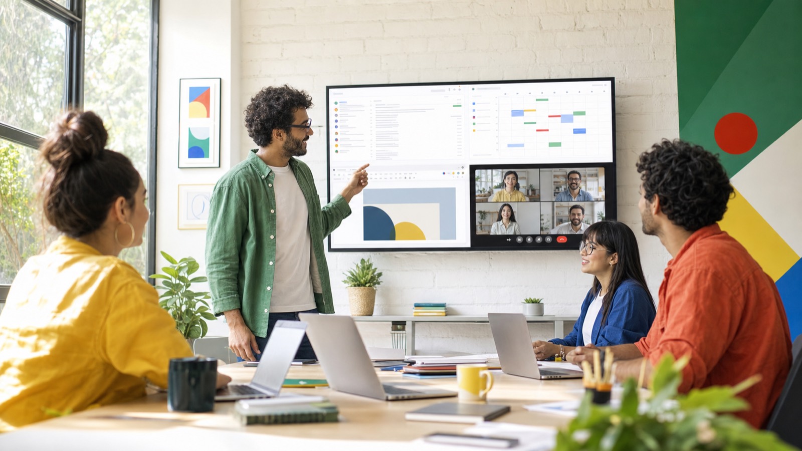 Equipe colaborando em documentos e reuniões por ferramentas de trabalho online