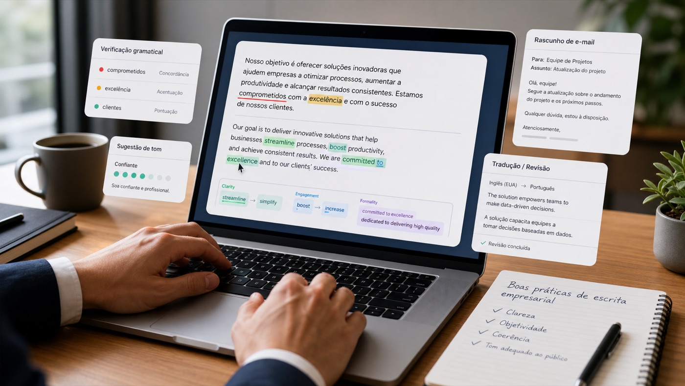 Notebook com texto revisado por assistente de escrita com IA inspirado no Grammarly