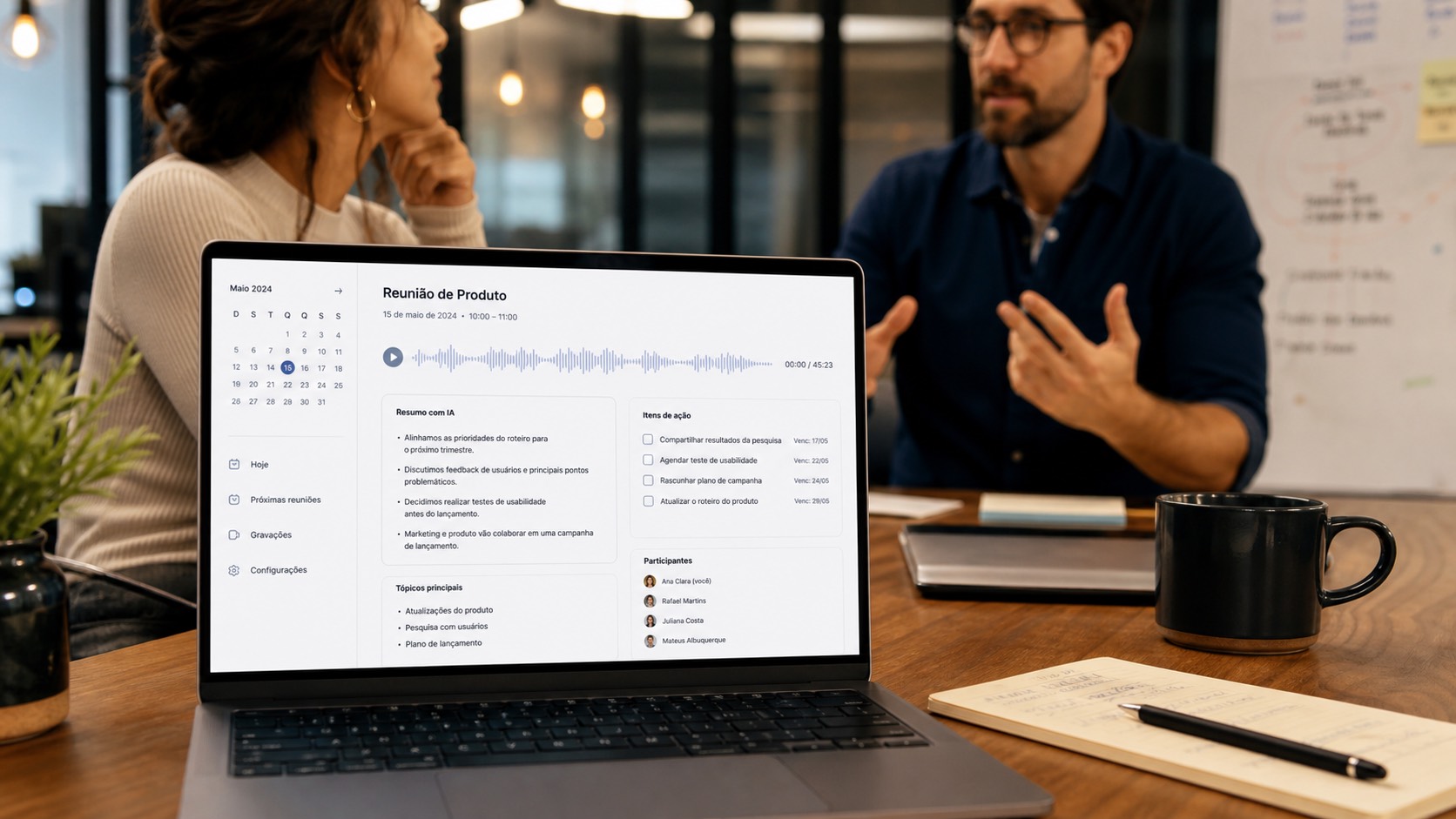 Interface de notas de reunião com IA inspirada no uso do Granola AI em empresas