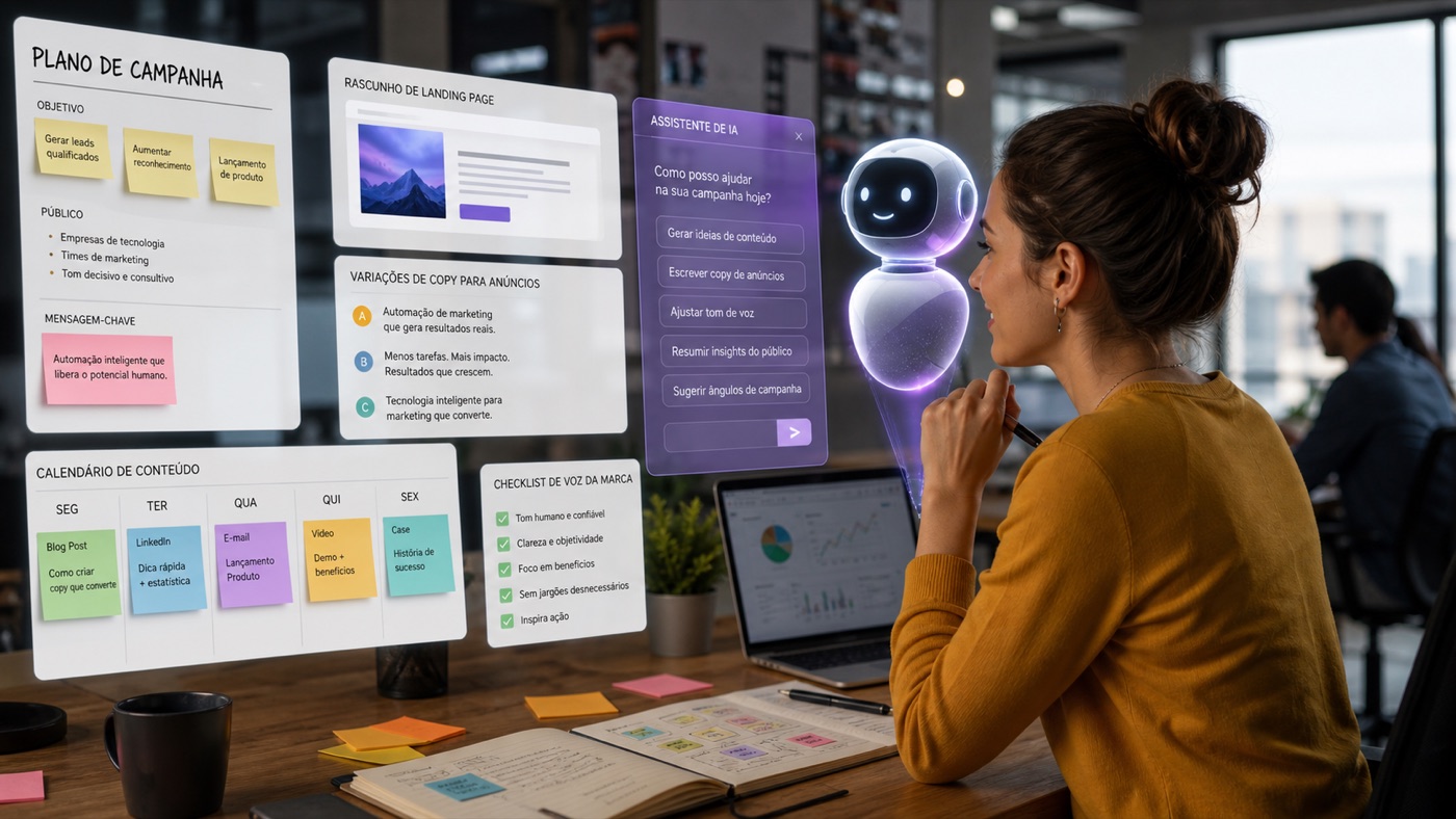 Profissional de marketing planejando campanhas e textos com assistente de IA inspirado no Jasper AI
