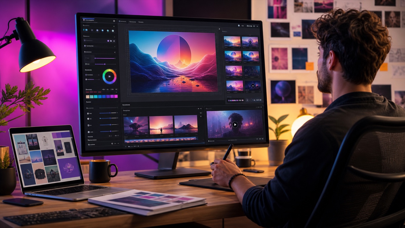 Designer criando imagens, vídeos e peças visuais com IA inspirada no Krea AI