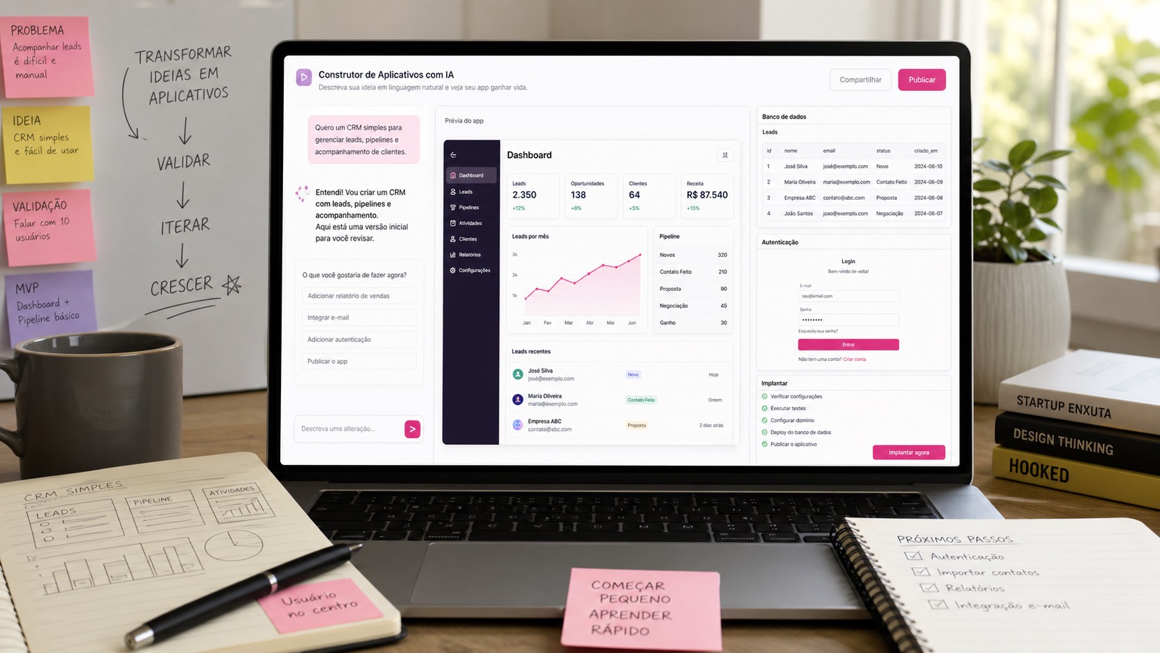 Construtor de aplicativos com IA inspirado no uso do Lovable para criar um CRM simples