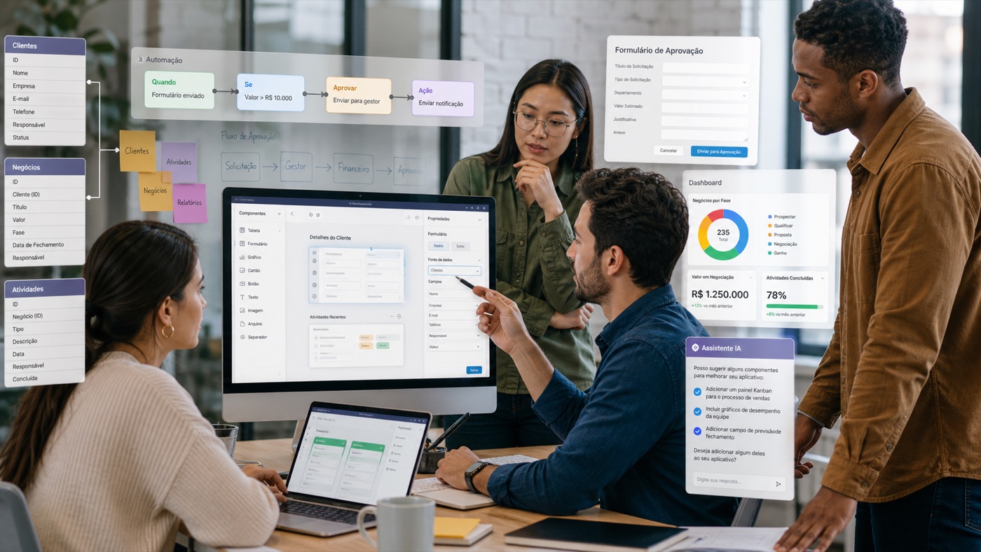 Equipe criando sistema interno com low-code, no-code e assistente de IA