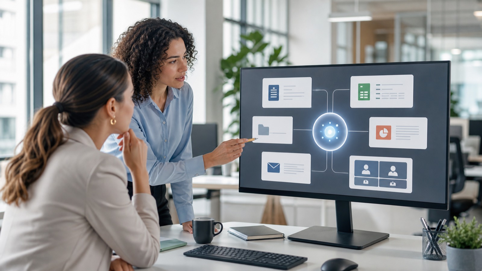 Profissional usando inteligência artificial integrada a aplicativos de trabalho