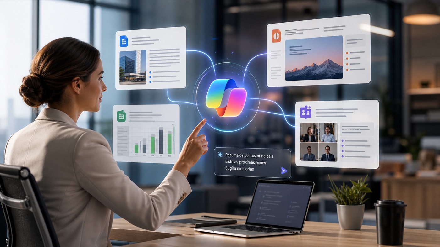 Profissional usando IA em documentos, planilhas, apresentações e reuniões inspirada no Microsoft Copilot