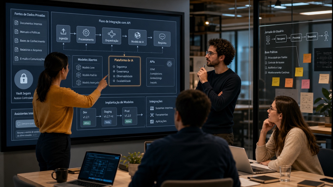 Equipe técnica planejando integração de modelos de IA e APIs inspirada no Mistral AI