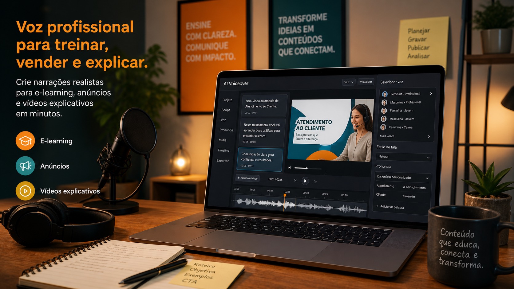 Interface de locução com IA para e-learning e anúncios inspirada no Murf AI