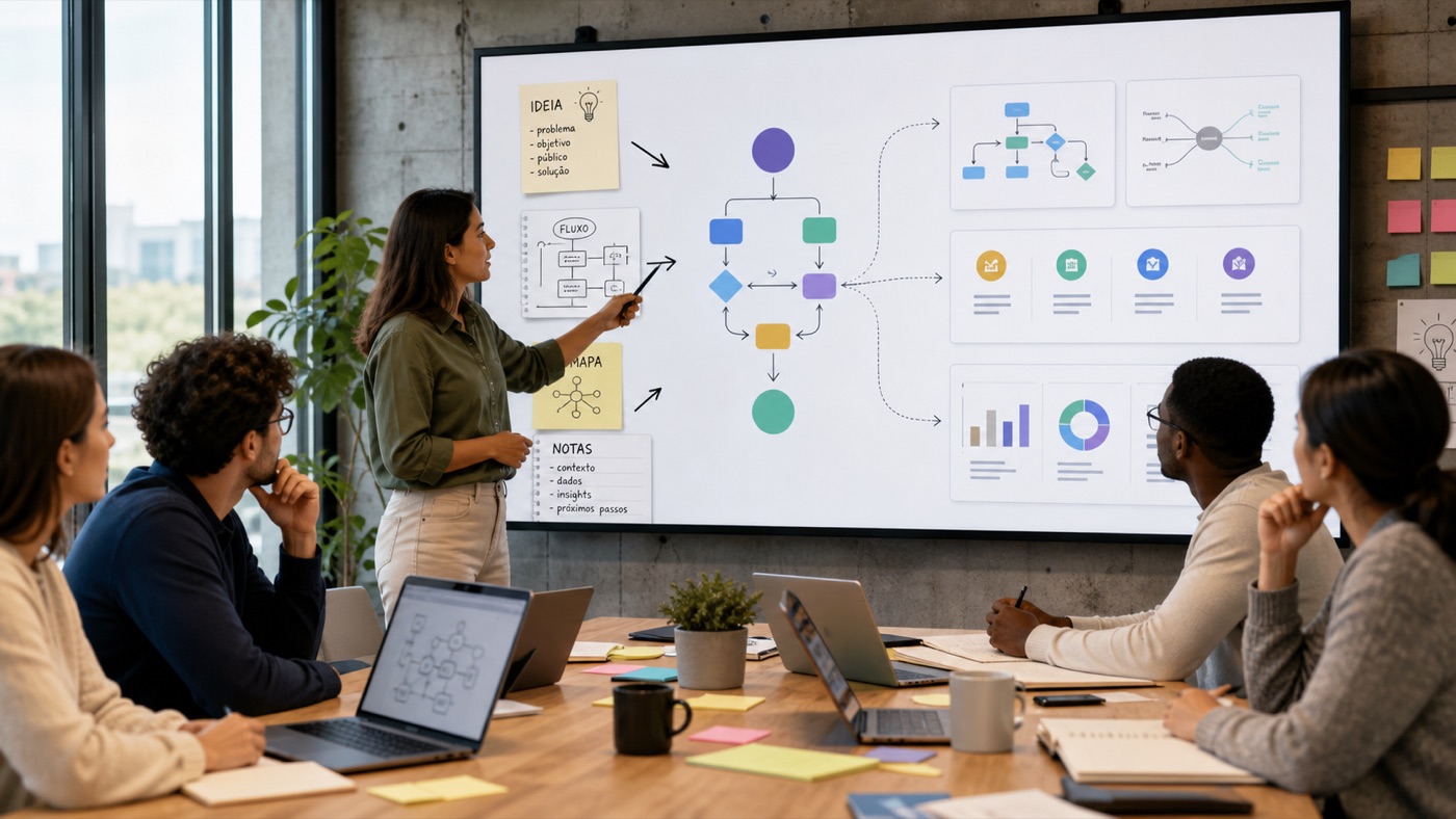 Equipe transformando ideias em diagramas e fluxos visuais com IA inspirada no Napkin AI