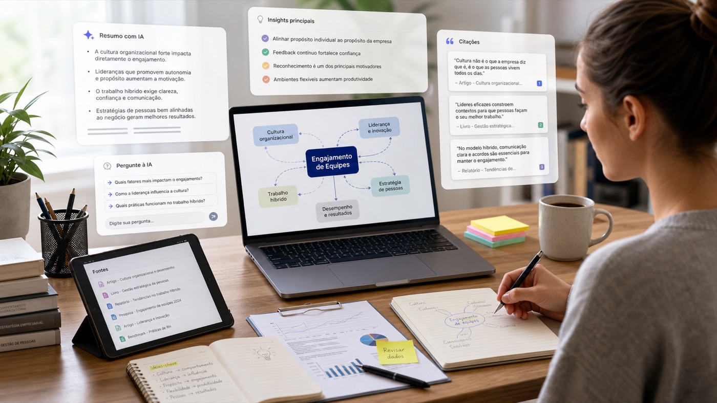 Mesa de estudos com documentos, resumos e mapa de conhecimento gerado por IA inspirado no NotebookLM