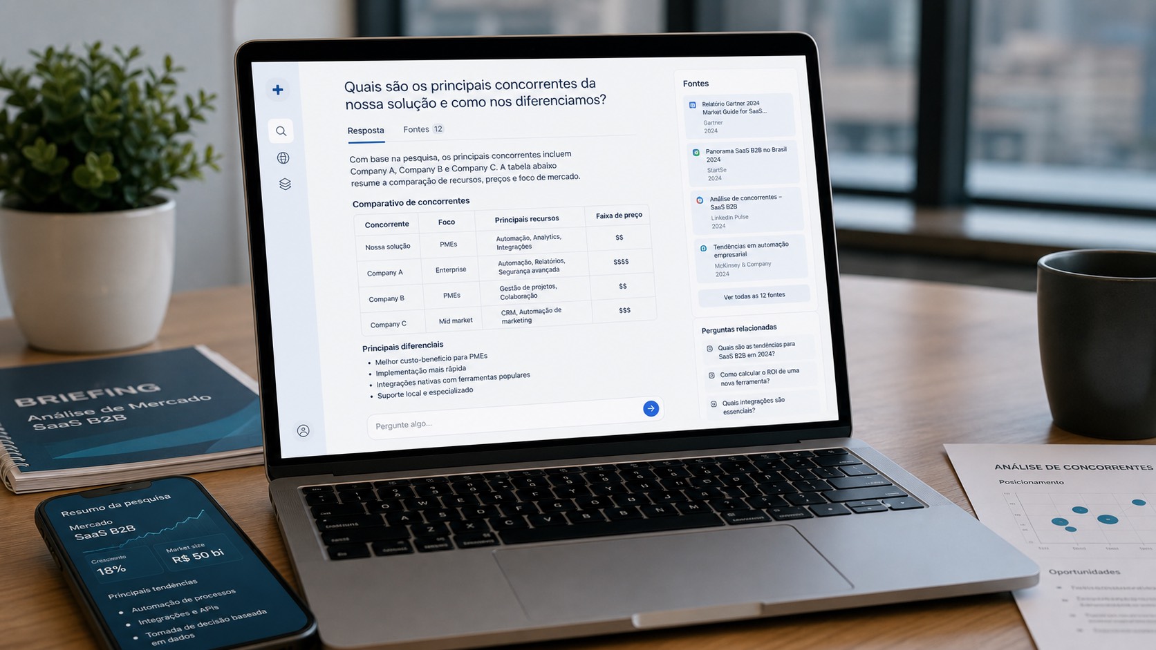 Pesquisa empresarial com fontes e comparativos usando uma ferramenta como Perplexity AI