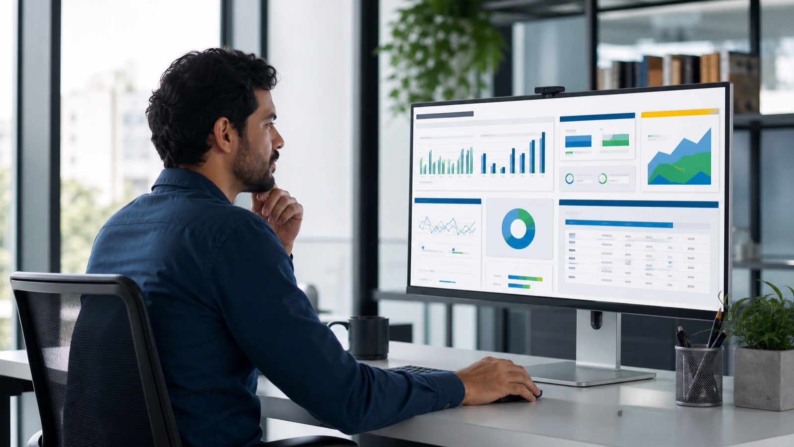 Profissional analisando indicadores em um dashboard empresarial