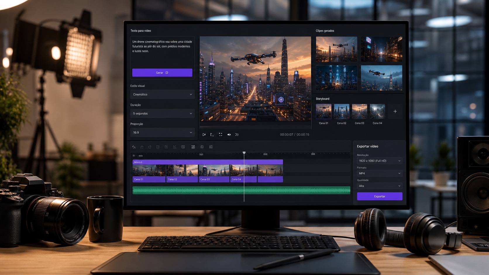 Editor de vídeo com IA e linha do tempo inspirado no uso do Runway AI