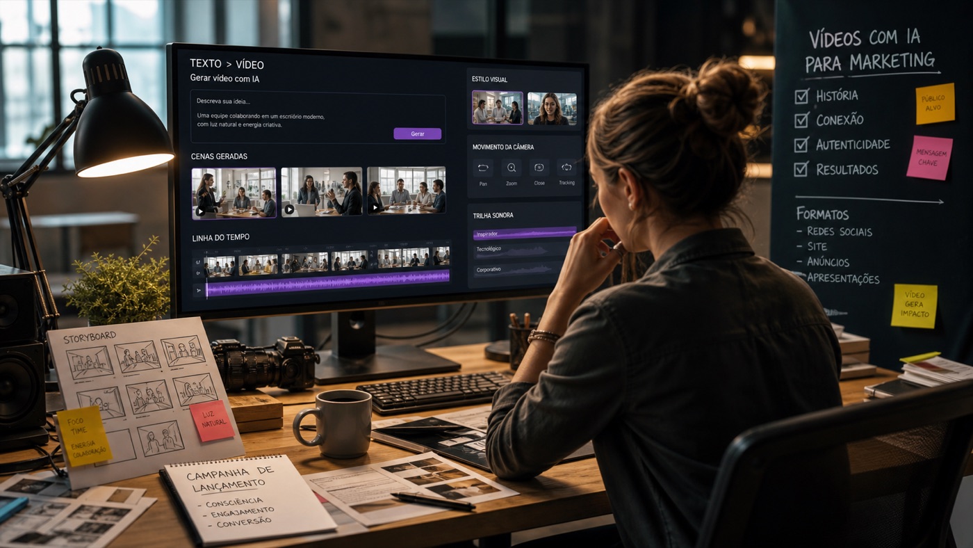 Profissional criando vídeos com inteligência artificial para marketing inspirado no Sora