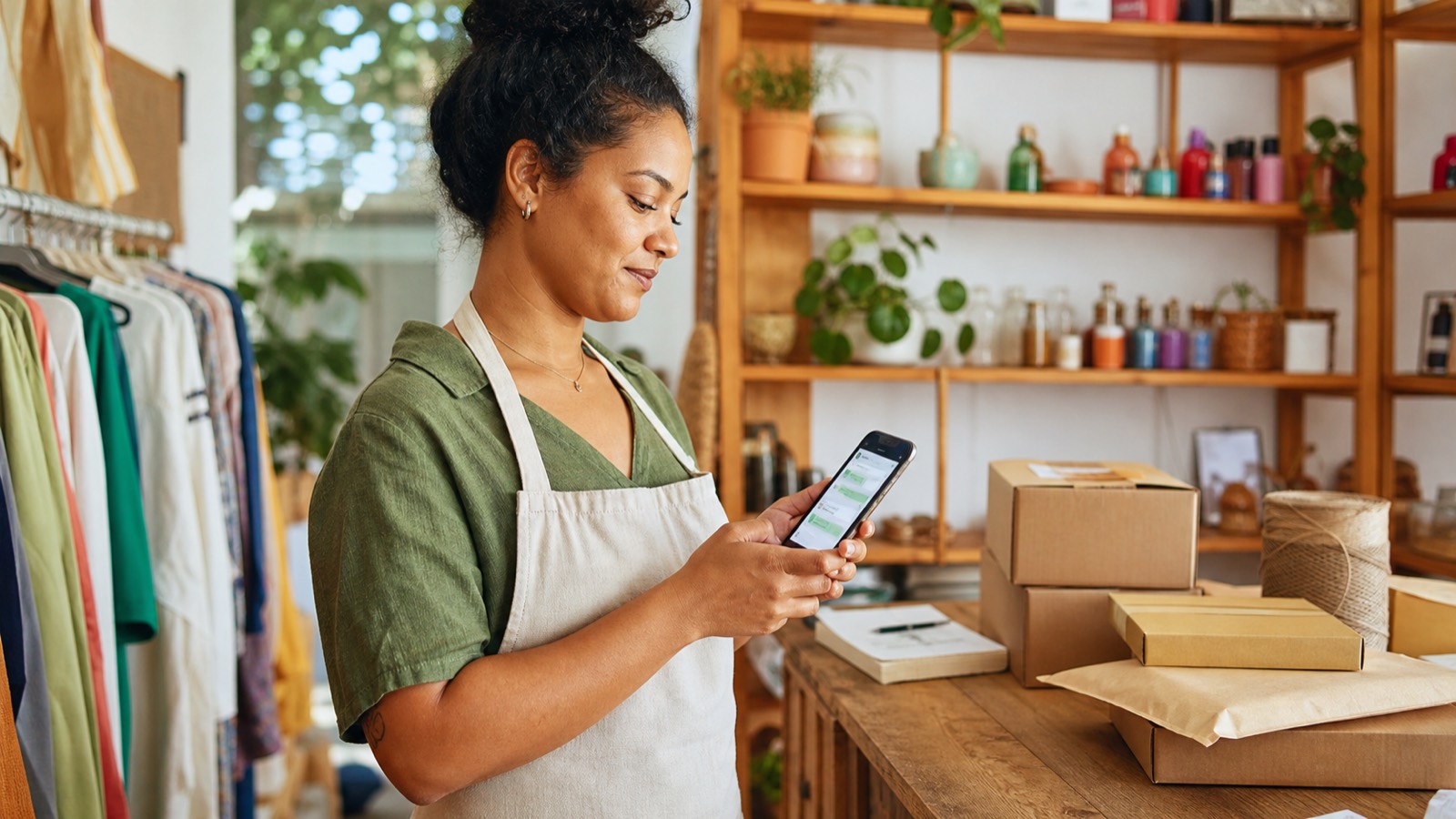Empreendedora atendendo clientes pelo celular em uma pequena empresa