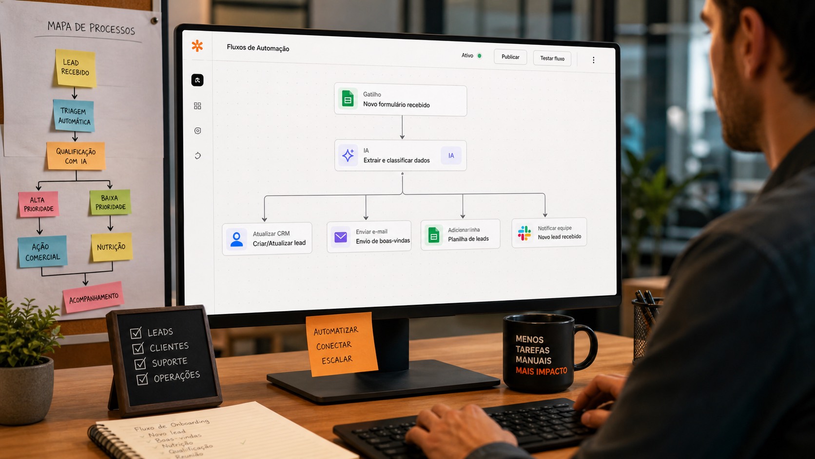 Fluxo de automação com IA inspirado no uso do Zapier AI em processos empresariais