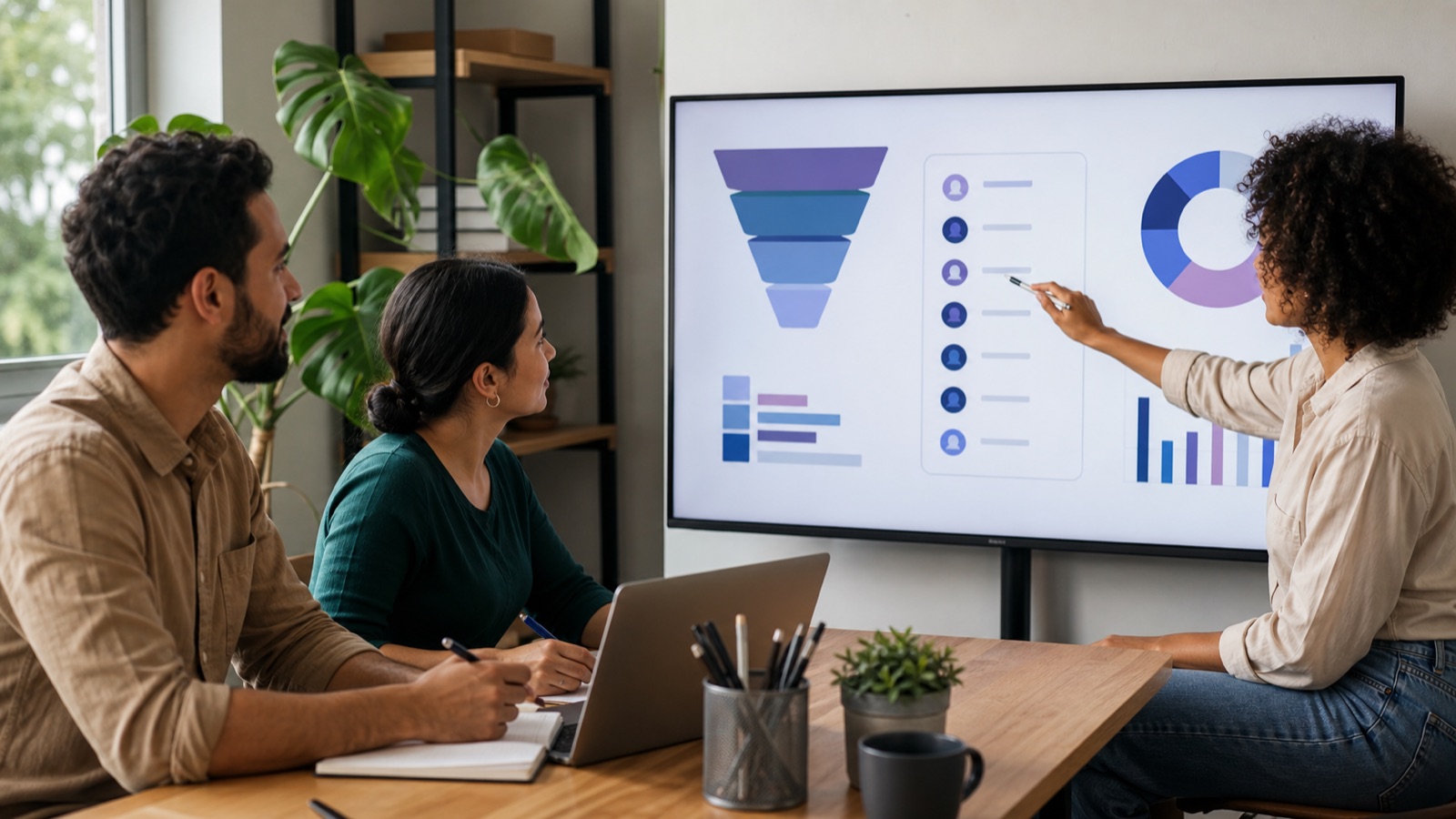 Pequena equipe avaliando o Salesforce como CRM para a empresa