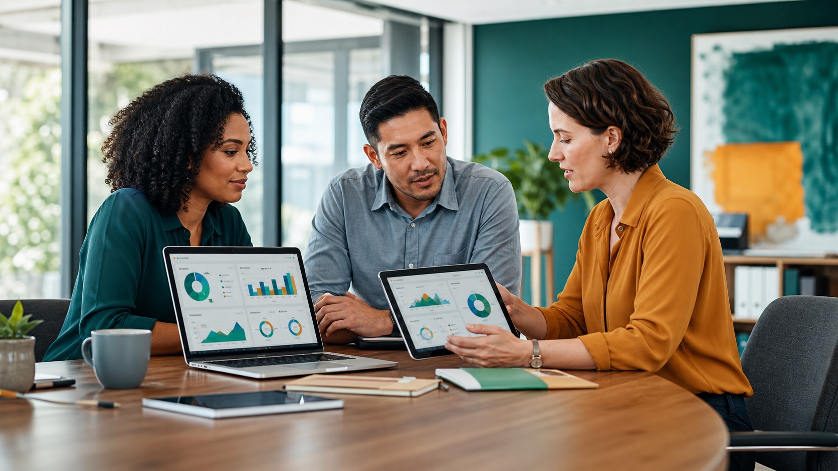 Equipe comparando soluções digitais para empresas