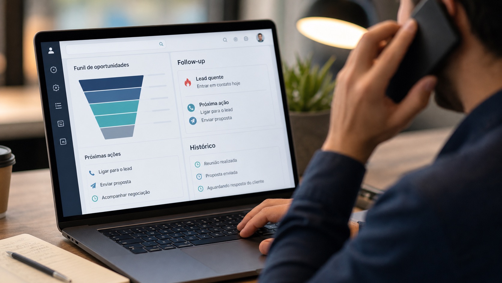 Vendedor usando CRM com agente de IA para lembrar follow-up, lead quente, histórico e próxima ação