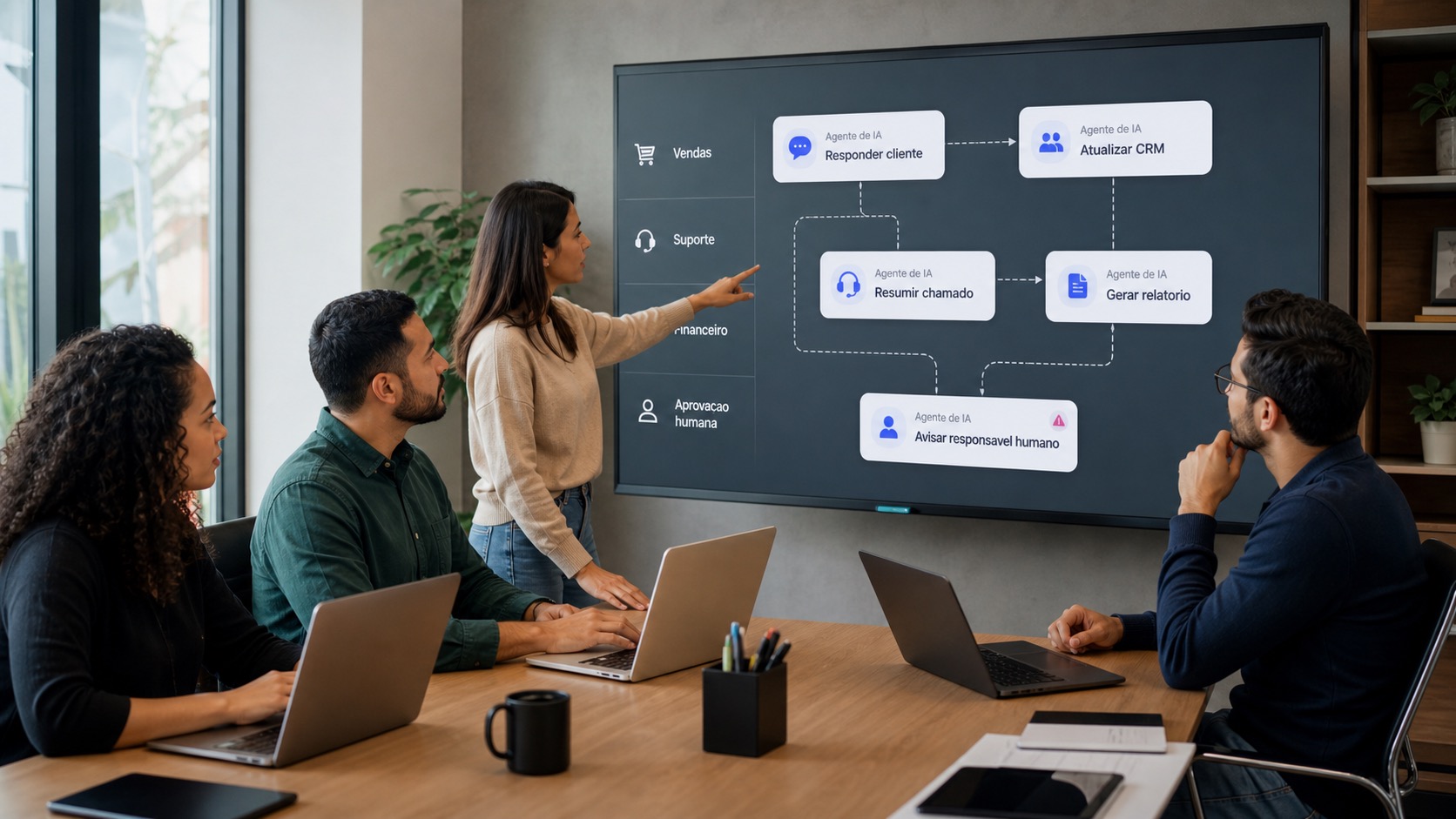 Equipe analisando agentes de IA conectados a vendas, suporte, financeiro e aprovação humana em uma empresa