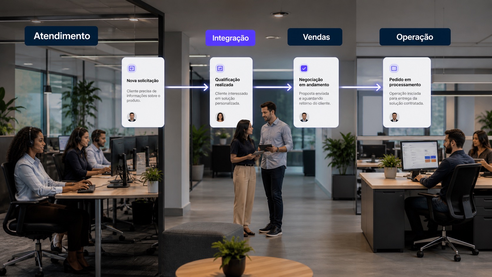 Fluxo integrado conectando atendimento, vendas e operação com agentes de IA
