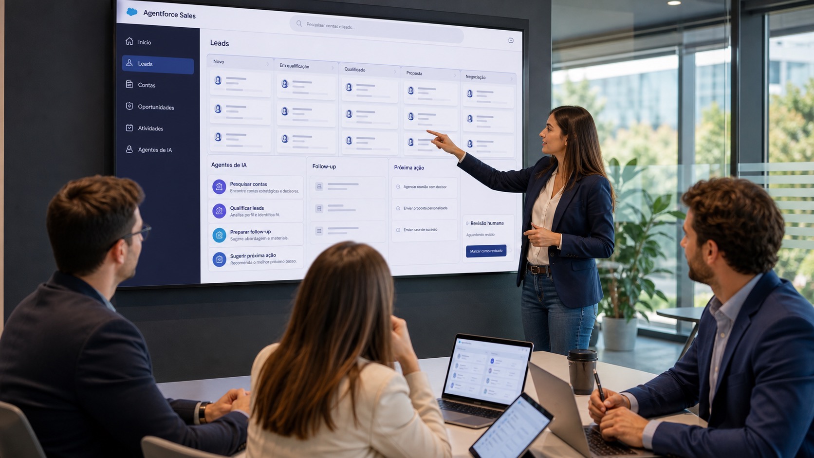 Equipe de vendas analisando Agentforce Sales em um CRM com leads, follow-up, próxima ação e revisão humana