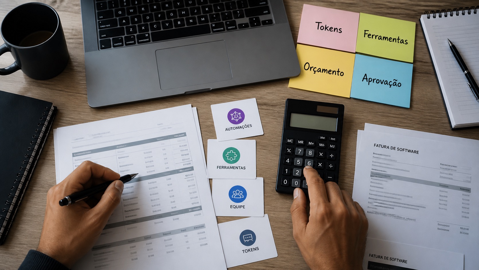 Mesa de controle de custos de IA com tokens, ferramentas, orçamento e aprovação