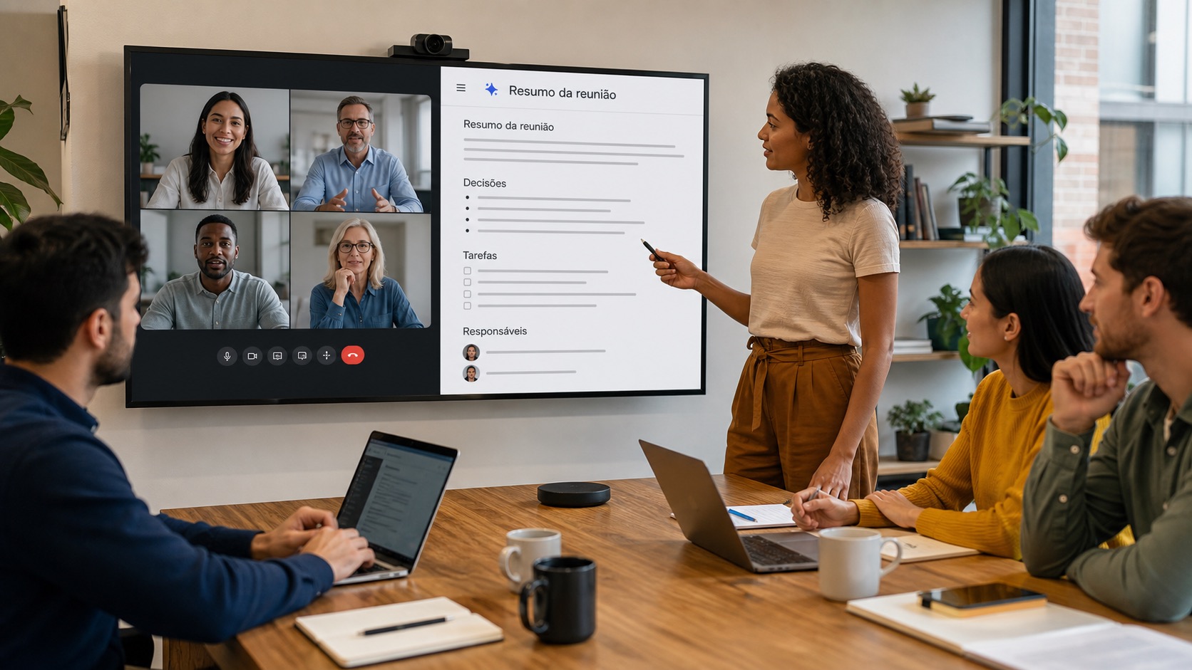 Equipe em reunião híbrida usando Google Meet com Gemini para gerar resumo, decisões, tarefas e responsáveis