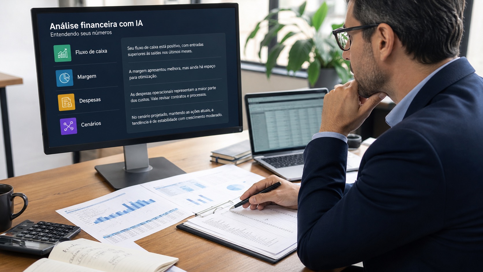 Gestor analisando fluxo de caixa, margem e despesas com apoio de inteligência artificial financeira